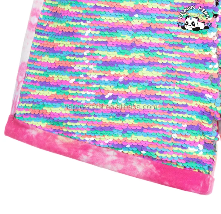 LEZONKIDS - Girls Children Clothing Tie Dye Cotton Jersey Rainbow Reversible Sequin Shorts